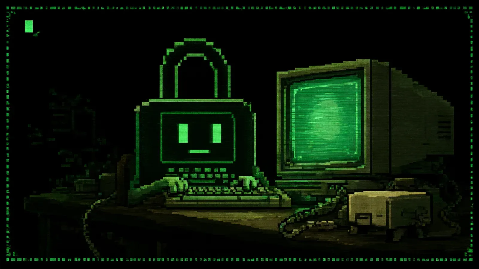 Lock typing at a glowing terminal, Carrier the modem on the desk beside it